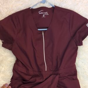 Butter-Soft Stretch Maroon Scrub Top with Zipper And Bottom Set